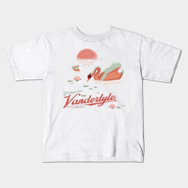 Greetings from Vanderlyle (The Swans are a-swimmin') Kids T-Shirt by frayedalice